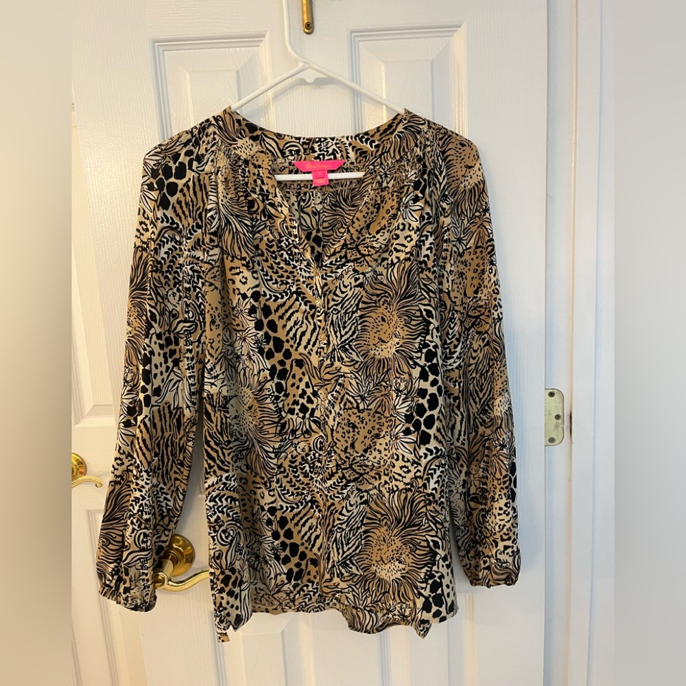 Lilly Pulitzer Black and Tan Animal Print Blouse